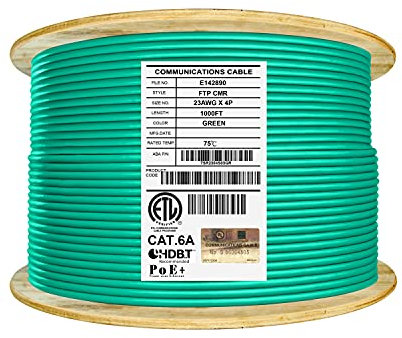Elite Cat6A Shielded Riser (CMR), 1000ft, FTP 23AWG, Solid Bare Copper, 650MHz, 10Gb Speeds, UL Listed, UL-LP Certification, Higher Performance PoE++, Bulk Ethernet Cable Reel, Green