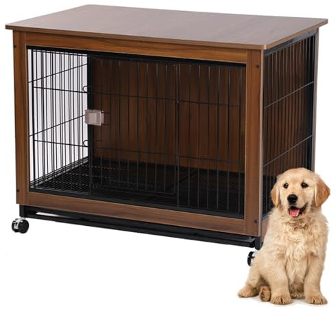 Haustierkäfig, (de:Hundekäfigmöbel, Hundekäfig aus Holz für kleine/mittelgroße/große Hunde, Hundezwingermöbel mit Rädern, Hundezwinger-Beistelltisch für den Innenbereich, dekoratives, kau