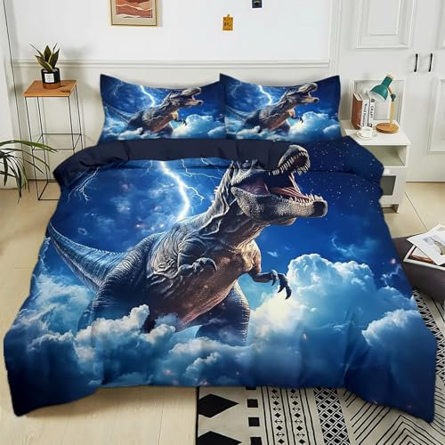 Set Housse de Couette 140x200 cm Ciel Foudre Dinosaure Polycoton Parure de Linge de Lit avec Fermeture Éclair, Housse de Couette Parure de lit 1/2 Personnes avec Taies d'Oreillers