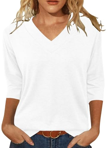 JomeDesign Womens Tops 3/4 Sleeve Shirts V Neck Loose Casual Blouses Summer Tshirts Trendy White L