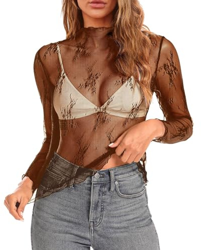 Femme Hauts Transparents Mesh Tops T-Shirt en Dentelle Elastique à Manches Longues pour Femme Florale Chemisier Transparent Chemise en Résille Sexy Slim Fit Tops Haut Collant Manches Longues