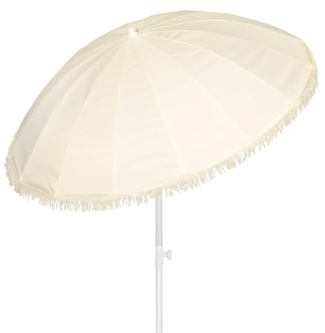 AKTIVE Sombrilla playa 16 varillas 200 cm beige, mástil de acero inclinable, protección UV50, diseño con flecos, varillas reforzadas, funda de transporte incluida, optima para la playa (62432)