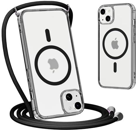 Yoedge Magnetica Cover per iPhone 13/iPhone 14 con Cordino, Compatibile con Magsafe, Traslucida Opaca Ultra Sottile Silicone Antiurto Custodia con Collana Laccio Tracolla, Nero