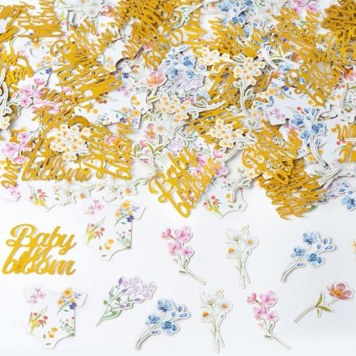 BeYumi Spring Wildflower Table Confetti - 300Pcs Baby In Bloom Wildflower Baby Shower Confetti Decoration Watercolor Floral Themed Scatter Paper Decor for Bridal Wedding Girl Birthday Party Supplies