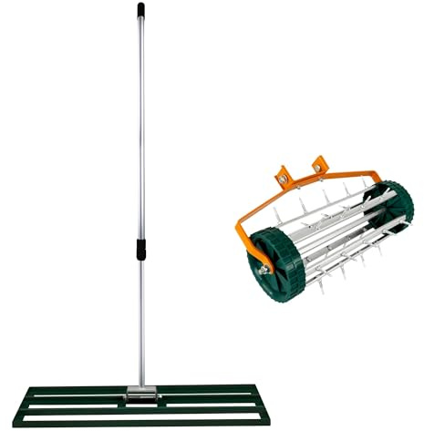 Ensemble 2-en-1 Scarificateur Manuel et Niveleur de Pelouse Vert en Acier Galvanisé et Aluminium avec Manche Extensible jusqu'à 2 m, Base de Nivellement de 100 cm et Pointes de 3,8 cm