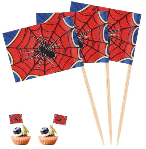 SAVITA 100pz Bandierine Stuzzicadenti Cartone Animato, Mini Stuzzicadenti da Cocktail a Tema Anime Bastoncini per Antipasti Cupcake Decorazioni per Buffet di Frutta e Cibo (Ragno e Ragnatela)