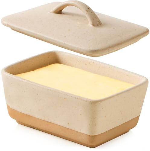 NUTRIUPS Ceramic Butter Dish with Lid, Vintage European Butter Dish with Lid, Covered Butter Dish and Butter Box for Kitchens, Fits 1 Butter Block (Yellow White, Medium Size)