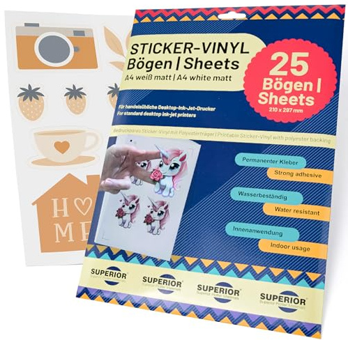 Stickerpapier zum Bedrucken und Plotten – selbstklebendes, wasserfestes Stickerpapier für Inkjet-Drucker mit speziellen Trägern für Cricut, Silhouette, Brother und alle gängigen Schneideplotter