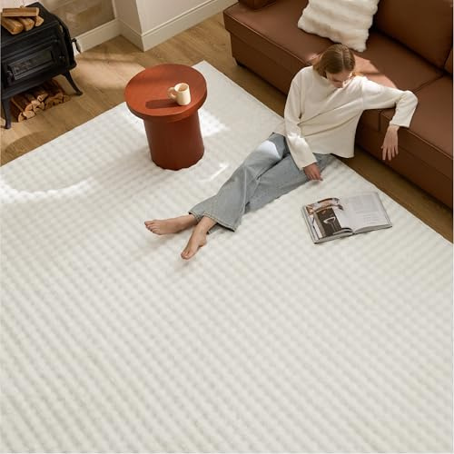 Bedsure 5x7 Fluffy Area Rugs for Living Room, Machine Washable Rugs, Non-Slip Backing, Non-Shedding, Pet Friendly Throw Rug for Bedroom Dining Room, Coconut White