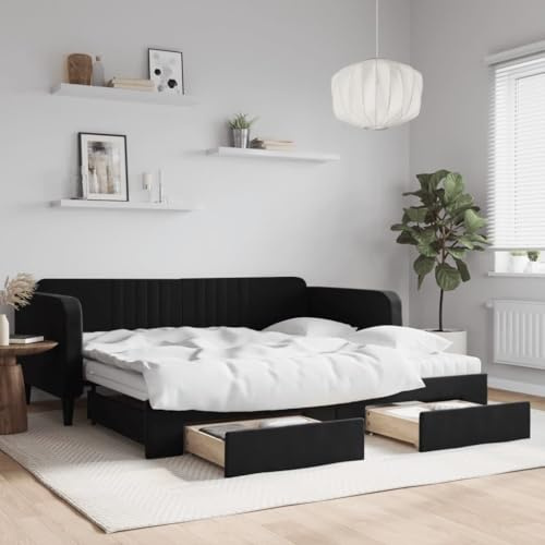 Teenpull utdragbar dagsäng, svart sammet, 100 x 200 cm, med 2 lådor, mångsidig bäddsoffa för gästrum, robust metallträkonstruktion