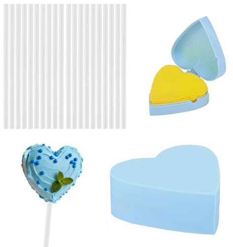 Moule à Cake Pops avec 20 Bâtonnets, Moule à Cake Pops 3D en Plastique Bleu pour Mariages Anniversaires Cupcakes Desserts Glaces Bonbons Chocolats et Pâtisseries Maison (Forme Cœur)