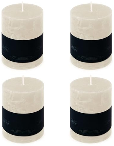 Stumpenkerzen Rustic 4er-Set - 7x9,5 cm - Brenndauer: 35 Std., rußfrei, 100% Paraffin - für Kerzenständer, Kerzenhalter, Weihnachten, Hochzeit, Blockkerze, Kerze, Adventskranz, Advent (weiß)
