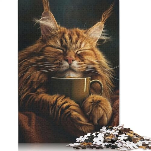 Puzzle adulte Maine Coon Tasse à café Chat 1000 pièces Puzzle en papier pour l'âge 18 ans et plus Jeu difficile 38x26 cm/1000 pièces