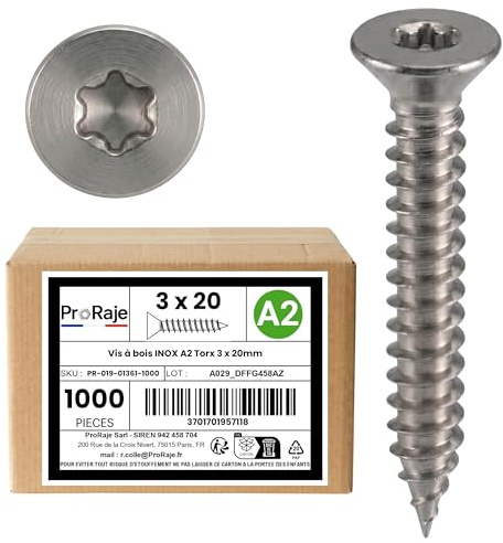 PRORAJE Vis à bois INOX A2 : 3x20 mm Tête fraisée TORX, LOT DE 1000 Pcs | Filetage Total, Acier inoxydable A2 (V2A / AISI 304), Construction / aggloméré / terrasse, 3 x 20mm , 3x20mm, 3 x 20 mm