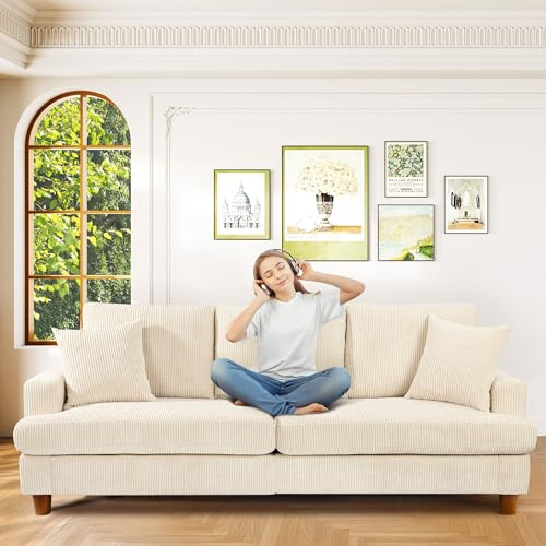 Kidirect Canapé Confortable en Velours côtelé de 221CM, 53 cm Siège Extra Profond, Montage sans Outils, Grand canapé 3 Places avec 2 Coussins, Canapé Moderne pour Chambre à Coucher, Beige