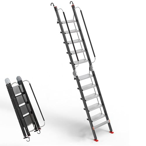 Escalier Escamotable Échelles de Grenier Pliantes Noires avec Rampes, Escaliers D'accès au Grenier en Aluminium, Escabeaux Robustes pour L'entretien de la Maison(10 Steps 2.4-2.7m (94.5-106.3))