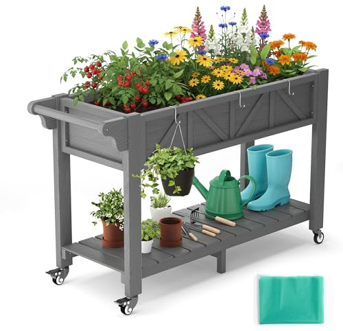 AeasyG Macetero Elevado 120x44x70cm, Huerta Urbana con Ruedas y Asa, 3 Ganchos y Forro No Tejido, para Hortalizas Flores Hierbas Aromáticas, Jardín Balcón Terraza, Gris