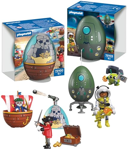 Playmobil Play Egg Set Pirates & Space | 2 Surprise Eggs with Figures & Accessories | Mini Play World to Build | Reusable as a Money Box | Easter Gift for Children Ages 4+ | 210447