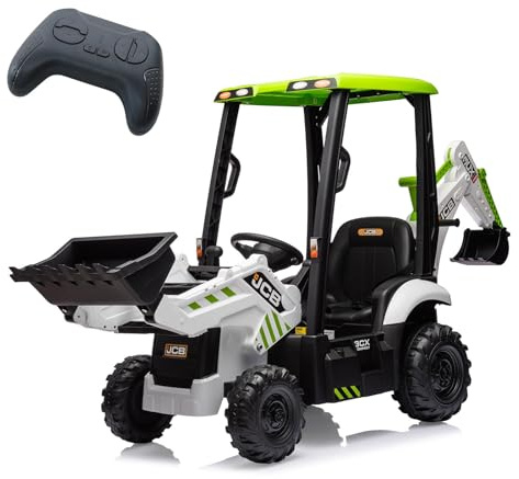 JCB Elektro-Bagger 4 in 1 Für Kinder 12V, Traktor, Bulldozer, Bagger Und Frontlader, Abnehmbares Dach, Hupe, Fernbedienung, Aufsitzspielzeug Für Kinder 3 Bis 8 Jahre
