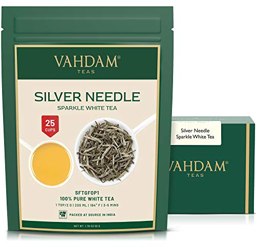 VAHDAM Thé Blanc Silver Needle | 50g en Vrac | Bourgeons de Thé Blanc 100% Purs | Qualité Impériale | Faible Teneur en Caféine | Scellé Sous Vide | Thé d’Origine Unique