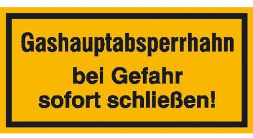 Indigos UG Aufkleber Gashauptabsperrhahn bei Gefahr sofort schließen! - 20x10 cm - selbstklebender Sicherheits Aufkleber für Tür oder Wand - Warnschild für Gebäude, Hotel, Büro, Firma, Haus, Praxis