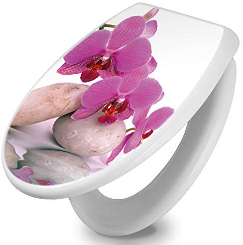banjado Toilettendeckel mit Absenkautomatik 44,5x37cm / WC Brille Soft Close/hygienischer Toilettendeckel/Klodeckel Duroplast Edelstahl Scharniere einfache Montage/Motiv Orchidee