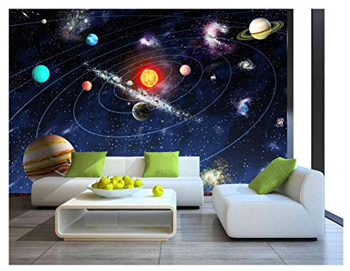Carta da parati, motivo sistema solare con pianeti, stelle, lo spazio e il sole, per camerette dei bambini, decorazione fai da te, 390 x 260 cm