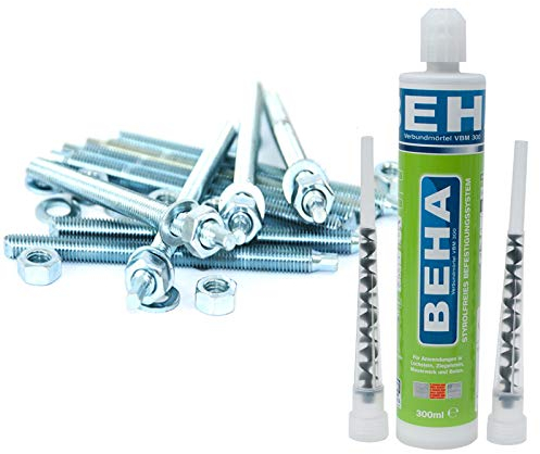 Montageset: 10 Ankerstangen, Verbundanker, Bolzen verzinkt M12 x 130mm + 300ml Verbundmörtel, Injektionsmörtel (25,33€/L)