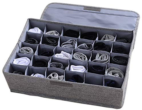 AARAINBOW Aufbewahrungsbox für Unterwäsche Socken, Krawatten Schublade Organizer mit Deckel, 30 Zellen, Faltbar, Stoff Schals Dessous Gürtel Aufbewahrung im Kleiderschrank (Grau)