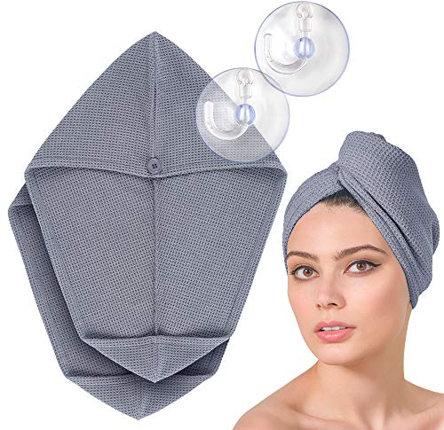 FABCARE Turbante de Pelo Secado Rápido - DERMATEST Muy Bueno - Toalla con Botón de Microfibra para Cabello Largo - Accesorio Ideal para Secar Rápido y Cuidar el Cabello [2 Piezas, Gris]