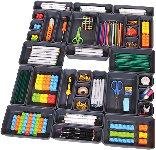 SENENQU Set da 8 Organizer Cassetti, Contenitori per Cassetti in Plastica Grigio Scuro, 24 Vaschette Impilabili per Cucina, Bagno, Ufficio, Trucco e Scrivania