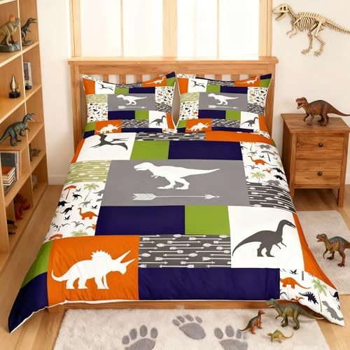 Dinosaurier-bedrucktes Bettwäsche-Set, Doppelgröße für Kinder, Jungenzimmer, buntes Gitterbett, Bettbezug-Set, Dinosaurier-Silhouette, Bettbezug, 1 Bettbezug mit 1 Kissenbezug, keine Bettdecke