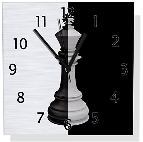 Wallario Design Wanduhr Schachfigur schwarz-weiß aus Aluverbund, Alu-Uhr Größe 30 x 30 cm, Schwarze Zeiger mit Metalloptik