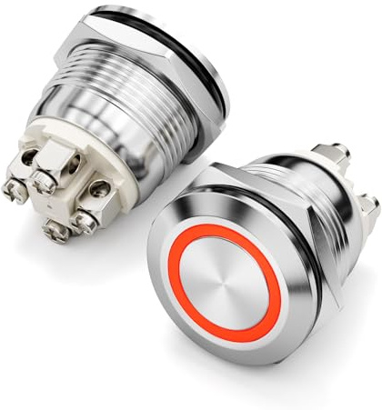 FILN 2 Stücke 19mm LED Edelstahl Drucktaster, wasserdicht IP65 Momentantaster mit 4 Schraubklemmen 12-24V DC ideal für Boote, Kfz, Industrie (Rot)