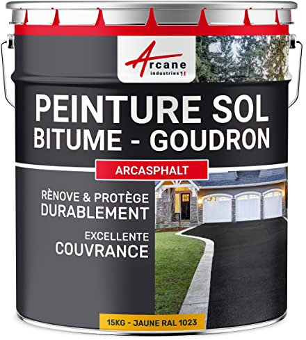 ARCANE INDUSTRIES Peinture Bitume, Goudron, Asphalte, Macadam, béton, enrobé : Arcasphalt - 15 kg (jusqu'à 30 m² en 2 Couches) Jaune Signalisation - RAL 1023