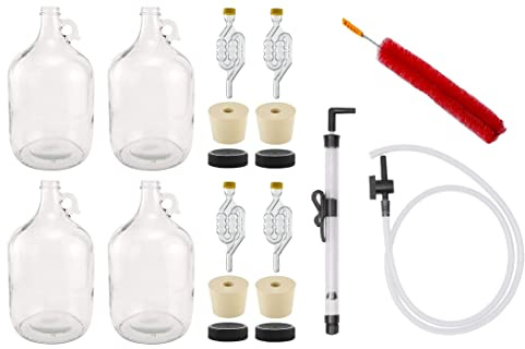 North Mountain Supply 1 Gallon Glass Fermenting Jug with Handle, 6.5 Rubber Stopper, 6-Bubble Airlock, & Black Plastic Lid -Set of 4 -with Quick Start Auto Siphon, Hose, Valve, Clip & Cleaning Brush