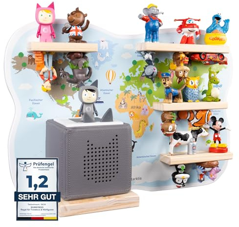 bunnyboo Toniebox Regal - für Toniebox und Figuren - ausreichend Platz für bis zu 32 Tonie Hörfiguren - Weltkarte - geprüfte Qualität - Für Junge und Mädchen