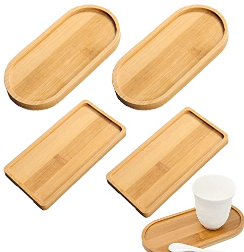Rebanky 4 Stück Bambus Tablett Rechteckig Ovale Holztablett Klein Bambus Serviertablett Bamboo Tablett Bambustablett Servierplatte Bambus für Untersetzer Tee Kaffee Kuchen