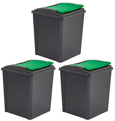 Set of 3 - 50l Litre Recycle Bin Outdoor Recycling Bin Durable Waste Bin Rubbish Trash Refused Bin Flap Lid Plastic Dustbin Waste Storage Bin for Outside Home Kitchen - Made in UK (Green)
