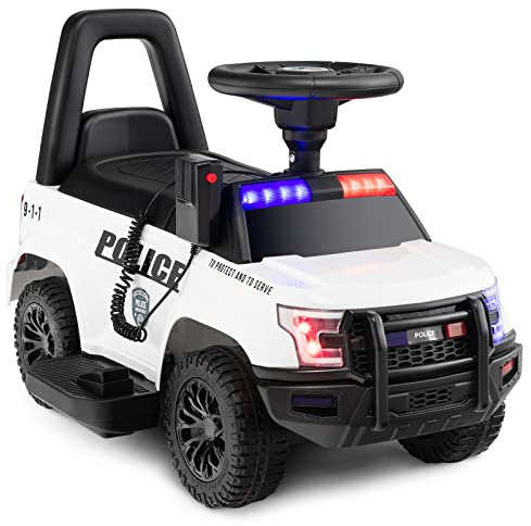 GYMAX Kids Ride on Police Car, 6V Battery Powered Toy Car with Side Megaphone, Warning Light, USB/TF & Siren Sound, Children Electric Vehicle for Boys Girls (White)