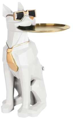 Homary Mesa Auxiliar Resina con Perro – Bandeja y Portapapeles, Mesa Decorativa para Salón, Dormitorio u Oficina con Caja de Pañuelos y Bandeja Móvil