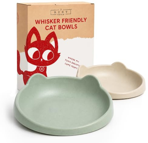7 Ruby Road Anti Whisker Fatigue Cat Bowl, Set of 2 - Wide Food Bowls, Wet and Dry Shallow Food Dish, Small Cat Dishes for Indoor Cats, Cute Kitten Bowls Whisker Friendly & Relief, Non-Slip Plates