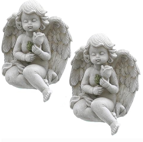 Annastore Besinnliche Grabdeko zur Erinnerung, frostfest und witterungsbeständig Grabschmuck - Grabfigur - Friedhof Deko (2-TLG. Set Engelpaar - H 12 cm)