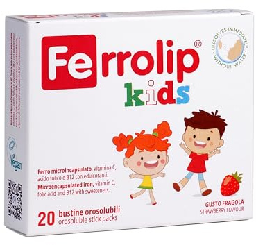 Ferrolip Kids Integratore Ferro Bambini 3+ Anni con Acido Folico, Vitamina C e B12 (20 Bustine Orosolubili alla Fragola) -Senza Fastidi Gastrointestinali - Privo di Sapore Metallico