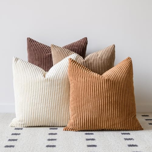 LANANAS Lot de 4 Housses de Coussin décoratives Neutres de Style Rustique et bohème en Velours côtelé Doux pour Salon, canapé, lit, Sofa, décoration d'intérieur (Marron Neutre, 45,7 x 45,7 cm)