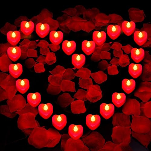 ZOYDP 24 Stück Herz Form LED Teelichter, Flammenlose Herz Teelichter Rot, mit 2000 Stücke Künstliche Gefälschte Rosenblätter, LED Kerze Liebe für Hochzeiten, Heiratsantrag