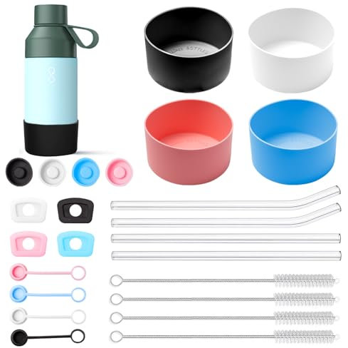Bofanze 4 Pcs Silicone Boot for Stanley Cup Silicone Cup sleeve Reusable Tumbler Bottom Protector boot silicone Water Bottle boot with 4 Straws,4 Straw Brushes,4 Sets of Leak-proof Stoppers for Flasks