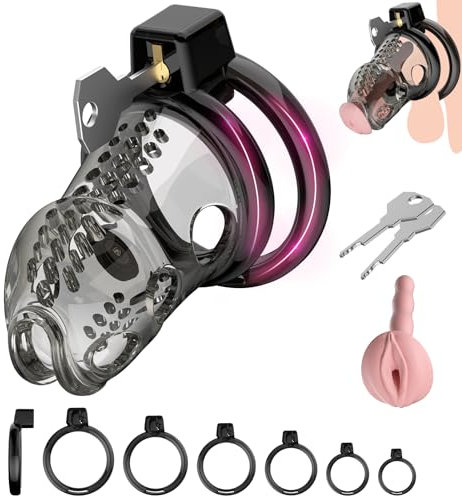 Chastity Cage Männer Peniskafig Keuschheitskafig Herren aus Harz & Premium Silikon mit 6 Penisringen - Ultraleicht & Unsichtbar für SM Fetisch, Fesselspiele und Abstinenz | Cock Cage (L)