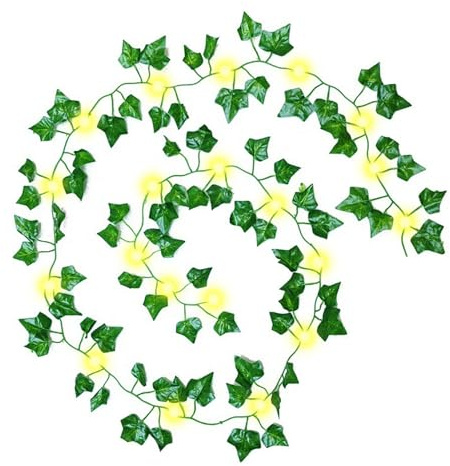 Künstliche Efeu-Lichterkette, 2 Meter 2 m, Efeublatt-Girlande mit 20 LED-Kupferdraht-Ranken, hängende Lichterkette, grüne Blätter, Weinreben-Lichterkette, hängende für Schlafzimmer, Hochzeit, Party