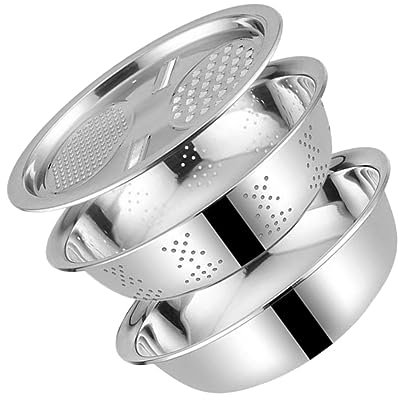 CIYODO Ensemble De 3 Bacs à Râper Et Passoire La Cuisine Acier Inoxydable 26 Cm Résistant Chaleur Et Froid, Multifonction Pour Légumes Et Fruits, Empilable Pour Gain De Place